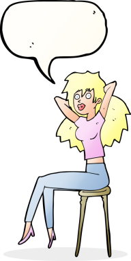 Bir insan tarafından çizilmiş konuşma balonuyla taburede poz veren karikatür kadın.