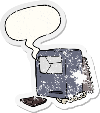 Bir insan tarafından çizilmiş, sıkıntılı, eski bir çıkartma olan, konuşma baloncuklu eski bir bilgisayar.