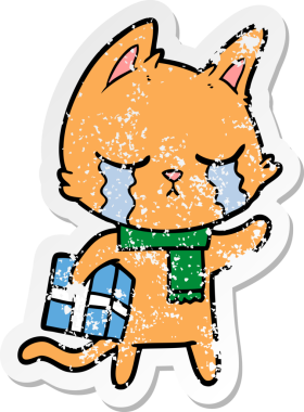 Bir insan tarafından çizilmiş Noel hediyesini elinde tutan, ağlayan bir çizgi film kedisinin hüzünlü çıkartması.