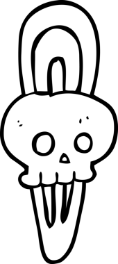 Bir insan tarafından çizilmiş siyah beyaz bir kafatası saç tokası.