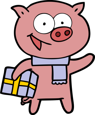 Bir insan tarafından çizilmiş Noel hediyeli neşeli bir domuz.