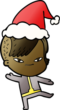 Hipster saç kesimli, Noel Baba şapkası takan bir kızın gradyan çizimi.