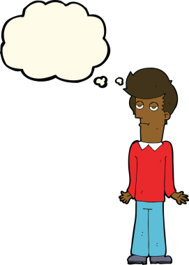 Bir insan tarafından çizilmiş düşünce baloncuğuyla omuz silken karikatür.