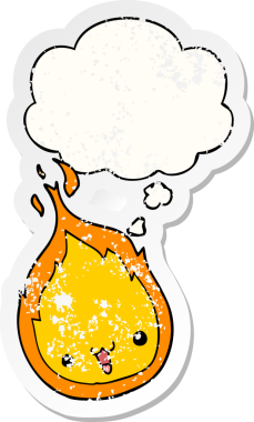 Düşünce baloncuğu olan sevimli çizgi film alevi bir insan tarafından çizilmiş yıpranmış bir çıkartma gibi.