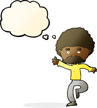 Çizgi filmdeki bıyıklı adam disko bir insan tarafından çizilmiş düşünce balonuyla dans ediyor.