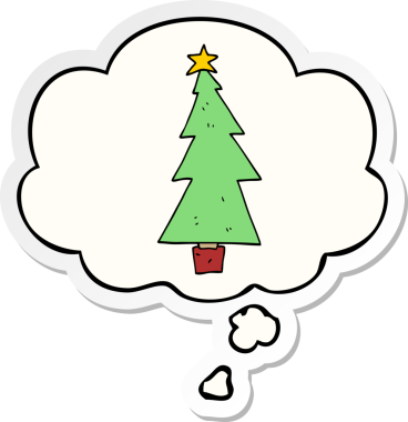 Düşünce baloncuğu insan tarafından çizilmiş bir çıkartma olan karikatür Noel ağacı.
