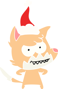 Bir insan tarafından çizilmiş Noel Baba şapkası giymiş, sırıtan bir tilkinin el çizimi.