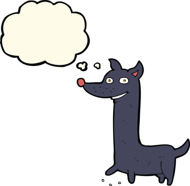 Bir insan tarafından çizilmiş düşünce balonlu komik çizgi film köpeği.