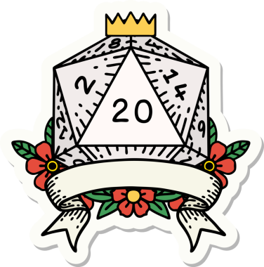 Bir insan tarafından çizilmiş 20 kritik vuruşluk D20 zar etiketi.