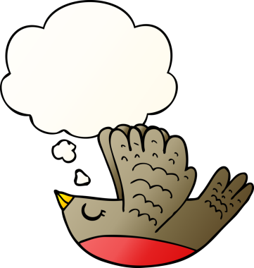 Düşünce baloncuğu olan çizgi film kuşu, bir insan tarafından çizilmiş.