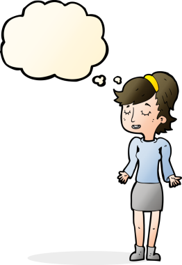 Bir insan tarafından çizilmiş düşünce baloncuğuyla omuz silken çizgi film kadını.