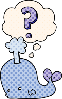 Çizgi roman tarzında düşünce baloncuğu olan meraklı balina bir insan tarafından çizilmiş.