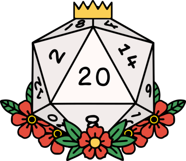 Retro Dövme Biçimi Doğal 20 D20 zar bir insan tarafından çizilmiş çiçek elementleriyle