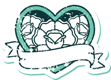 Bir insanın çizdiği çiçekli kalp ve pankartın sembolik dövmeli resmi.