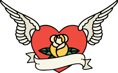 Geleneksel bir kalp dövmesi. Çiçekler ve bir insan tarafından çizilmiş bayrak.