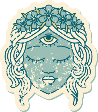 İkonik sıkıntılı dövme stili. Üçüncü gözü ve bir insan tarafından çizilmiş çiçek desenli kadın yüzü.