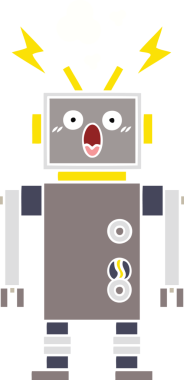 Bir insan tarafından çizilmiş arızalı bir robotun düz renk retro karikatürü