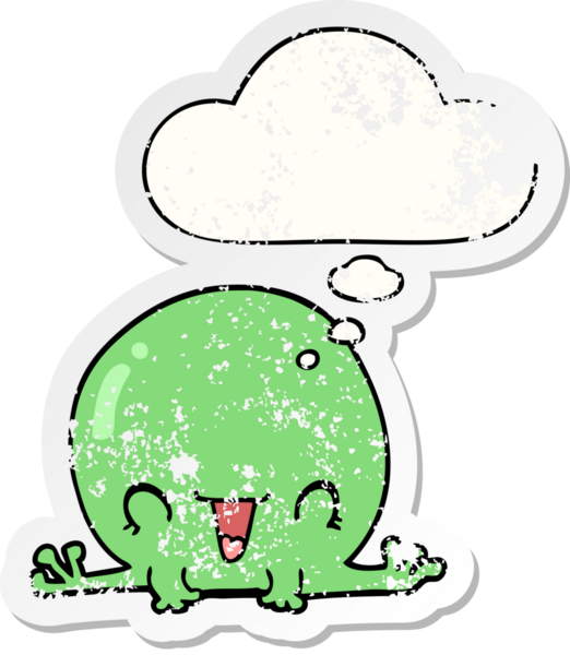 Düşünce baloncuğu olan karikatür kurbağası insan tarafından çizilmiş yıpranmış bir çıkartma.