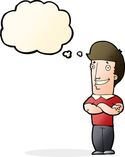 Bir insan tarafından çizilmiş düşünce baloncuğuyla sırıtan katlanmış kolları olan çizgi film adamı.