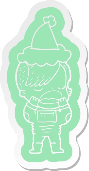 Uzay giysili havalı bir hippi kızın insan tarafından çizilmiş Noel Baba şapkası giydiği garip bir çizgi film çıkartması.