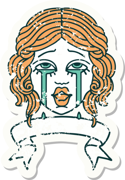 Bir insan tarafından çizilmiş, çok mutlu, ağlayan bir kadın yüzü olan eski bir çıkartma.