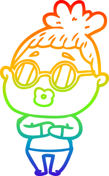 Bir insan tarafından çizilmiş gözlük takan bir karikatür kadının çizimi.