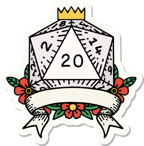 Bir insan tarafından çizilmiş 20 kritik vuruşluk D20 zar etiketi.