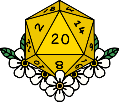 Retro Dövme Biçimi Doğal 20 D20 zar bir insan tarafından çizilmiş çiçek elementleriyle