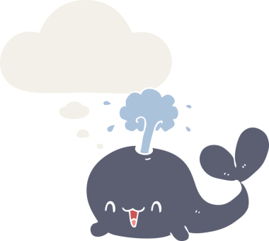 Düşünce baloncuğu olan karikatür balinası insan tarafından çizilmiş.