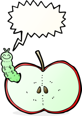 bir insan tarafından çizilmiş konuşma balonlu elma yiyen çizgi film böceği
