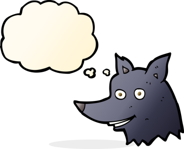 Bir insan tarafından çizilmiş düşünce balonlu bir kurt kafası.