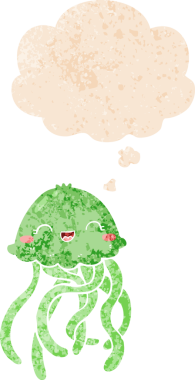 Düşünce baloncuğu olan tatlı çizgi film denizanası grunge sıkıntılı retro desenli bir insan tarafından çizilmiş