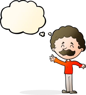 Bir insan tarafından çizilmiş düşünce baloncuğuyla bıyıklı çizgi film adamı.