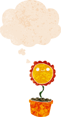 Düşünce baloncuğu ve grunge desenli karikatür çiçeği bir insan tarafından çizilmiş.