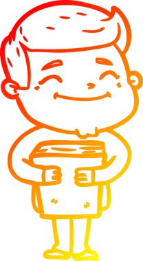 Bir insan tarafından çizilmiş kitabı tutan mutlu bir çizgi film adamı çizimi.