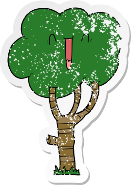 Bir insan tarafından çizilmiş, karikatür bir gülen ağacın sıkıntılı çıkartması.