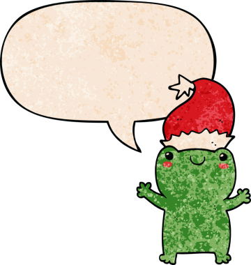 Bir insan tarafından çizilmiş eski moda konuşma balonlu şirin noel kurbağası.