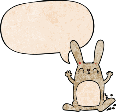 Konuşma baloncuklu çizgi film tavşanı insan tarafından çizilmiş.