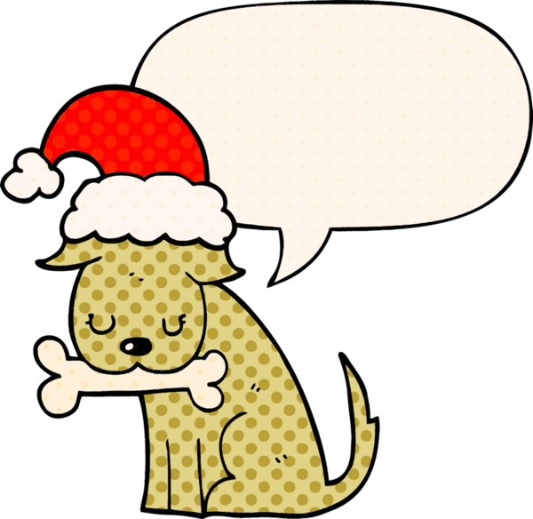 Bir insan tarafından çizilmiş çizgi roman tarzında konuşma balonu olan şirin bir Noel köpeği.