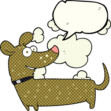 Bir insan tarafından çizilmiş serbest çizilmiş çizgi roman konuşma balonu mutlu köpek.