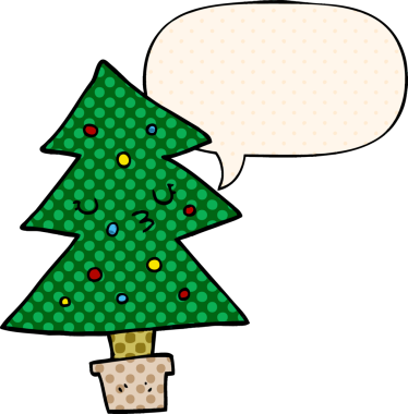 Bir insan tarafından çizilmiş çizgi roman tarzında konuşma baloncuğu olan bir noel ağacı.