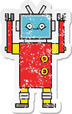 Bir insan tarafından çizilmiş sevimli bir robot çizgi film çıkartması.