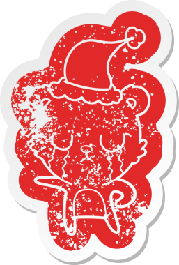 Ağlayan, garip çizgi film. Bir insan tarafından çizilmiş Noel Baba şapkası takan ayı etiketi.