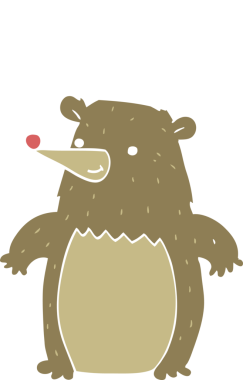 Düz renkli çizgi film ayısı bir insan tarafından çizilmiş noel şapkası giyiyor.