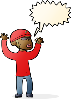 Bir insan tarafından çizilen konuşma baloncuğuyla panikleyen bir güvenlik görevlisi.