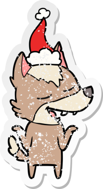 Bir insanın çizdiği Noel Baba şapkasıyla gülen bir kurt resmi.