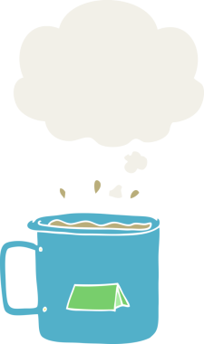 Düşünce baloncuklu karikatür kampı kupası insan tarafından çizilmiş.