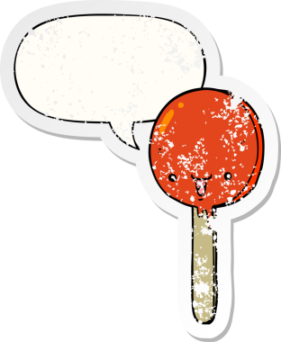 çizgi film şekerleme lolipopu konuşma baloncuğu ile sıkıntılı eski bir çıkartma bir insan tarafından çizilmiş