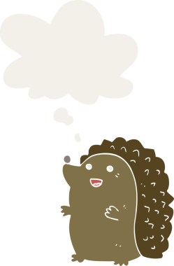 Düşünce baloncuğu olan mutlu kirpi çizgi filmi insan tarafından çizilmiş.