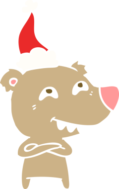 Bir insan tarafından çizilmiş Noel Baba şapkası takan bir ayının düz renk çizimi.